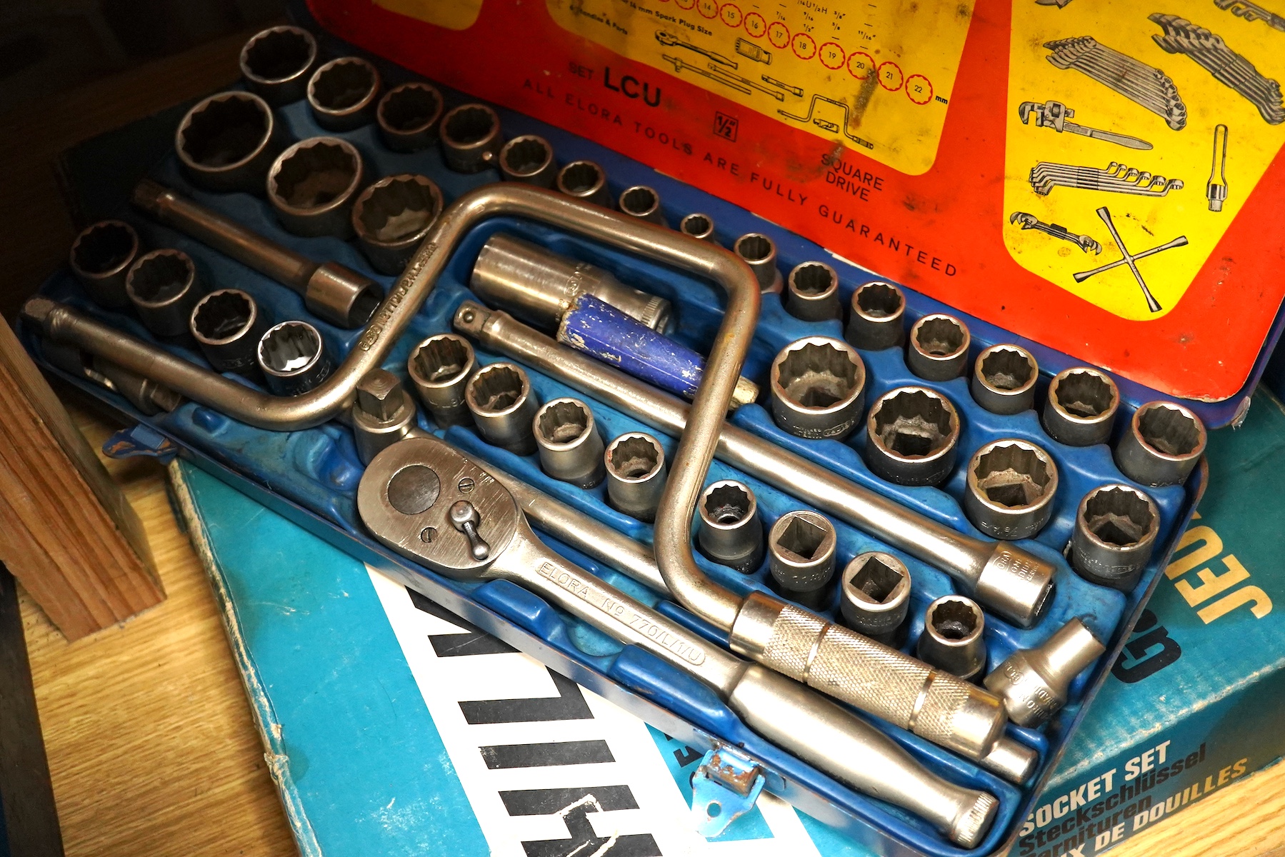 Two double-sided storage cases of valves for radio and television, etc. manufactured by Mullard, Pinnacle, Ediswan, Mazda, Marconi, etc., most in their original card boxes, together with a collection of tools including t